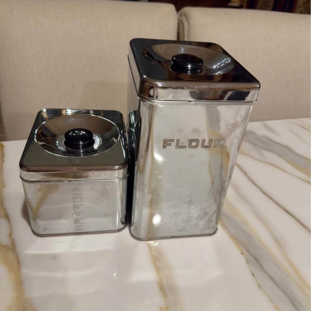 VTG MCM Metal Beauty Ware 2 Piece Canisters for Flour & Tea.